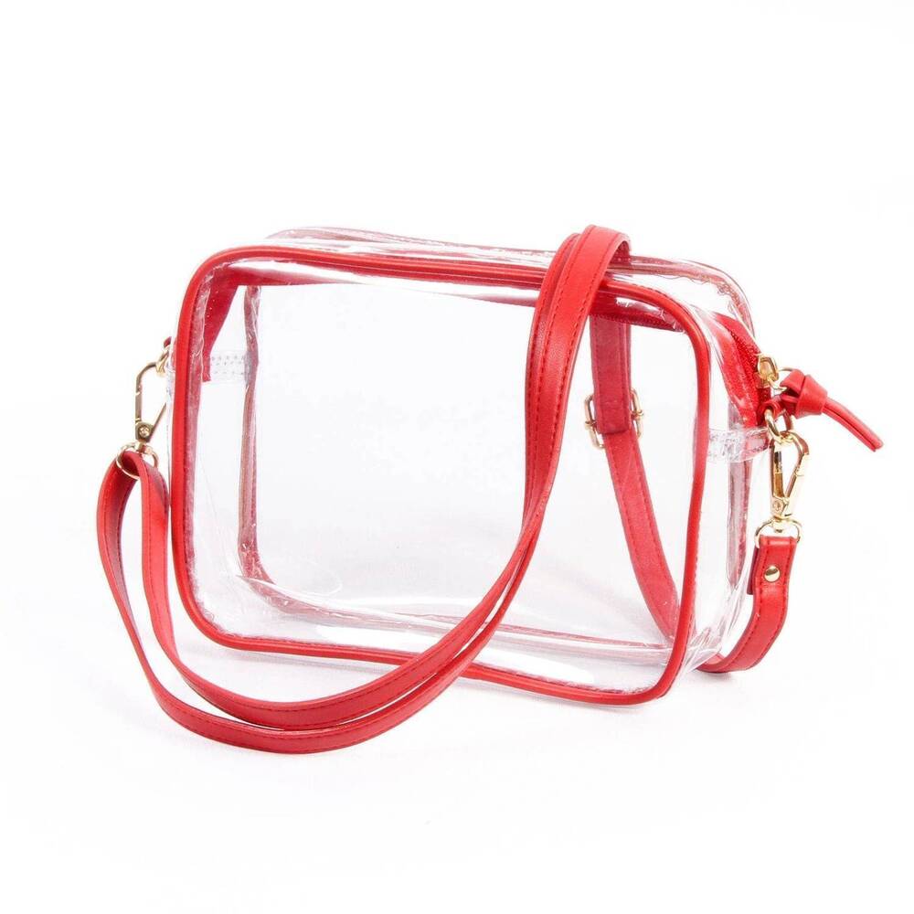 NEW DESDEN women's bridget vegan leather trim and straps purse in clear/red